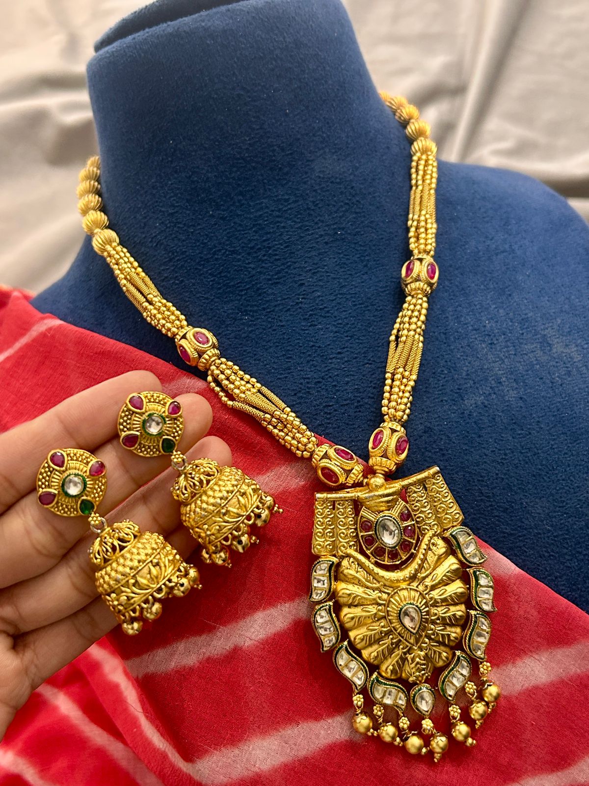 Antique Temple Jewellery Necklace with Bold Pendant & Jhumka Earrings